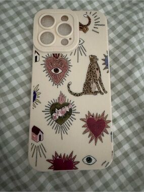 SHEIN Cream Phone Case with Heart, Leopard & Eye Motifs